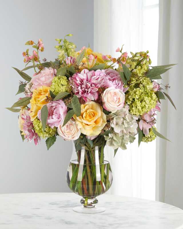Roses & Peonies 26" Faux Floral Arrangement in a Glass Urn